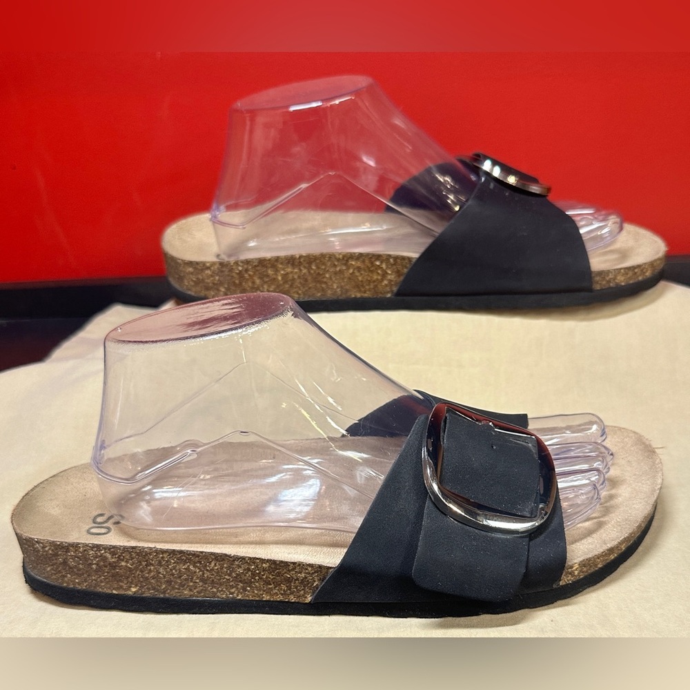 SO Brand Slip On Cork Bed Sandals Black Faux Suede Adj Buckle Women’s Size Large - Picture 5 of 13